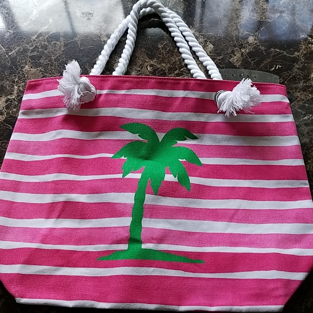 Punctuate Tote Bag EUC Pink stripe PalmTree